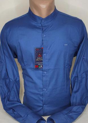 Мужская синяя рубашка gold milano vd-0019 однотонная приталенная воротник стойка турция стильная8 фото