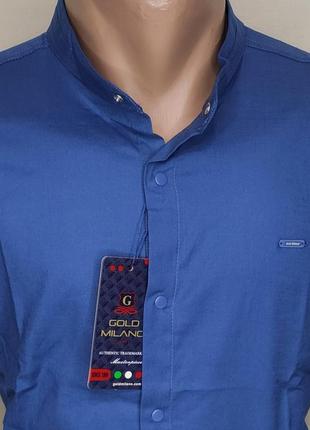 Мужская синяя рубашка gold milano vd-0019 однотонная приталенная воротник стойка турция стильная3 фото