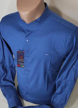 Мужская синяя рубашка gold milano vd-0019 однотонная приталенная воротник стойка турция стильная5 фото