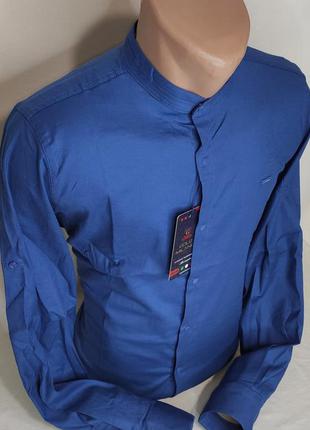 Мужская синяя рубашка gold milano vd-0019 однотонная приталенная воротник стойка турция стильная7 фото
