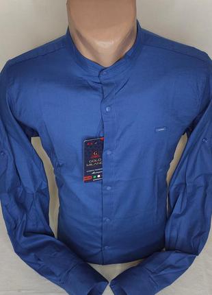 Мужская синяя рубашка gold milano vd-0019 однотонная приталенная воротник стойка турция стильная10 фото