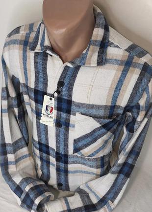 Тёплая стильная турецкая клетчатая мужская рубашка rublee vd-0002 бежевая в клетку с длинным рукавом на зиму8 фото
