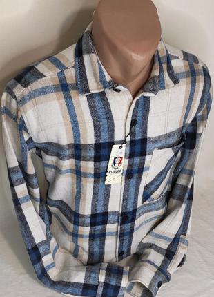 Тёплая стильная турецкая клетчатая мужская рубашка rublee vd-0002 бежевая в клетку с длинным рукавом на зиму10 фото