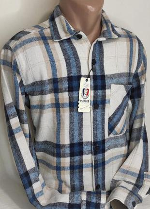 Тёплая стильная турецкая клетчатая мужская рубашка rublee vd-0002 бежевая в клетку с длинным рукавом на зиму4 фото