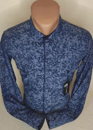 Мужская рубашка синяя приталенная с длинным рукавом paul smith vd-0302, стильная мужская рубашка турция хлопок8 фото