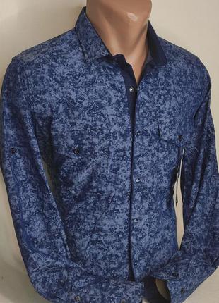 Мужская рубашка синяя приталенная с длинным рукавом paul smith vd-0302, стильная мужская рубашка турция хлопок2 фото