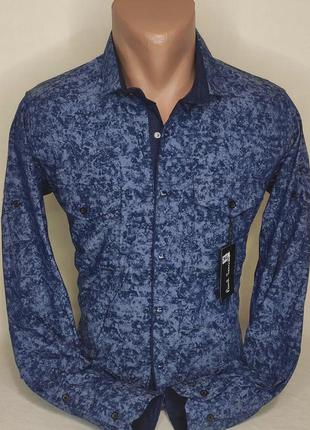 Мужская рубашка синяя приталенная с длинным рукавом paul smith vd-0302, стильная мужская рубашка турция хлопок