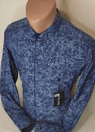 Мужская рубашка синяя приталенная с длинным рукавом paul smith vd-0302, стильная мужская рубашка турция хлопок9 фото