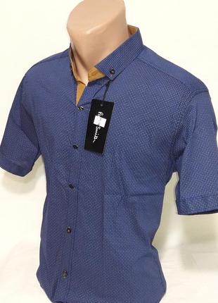 Рубашка мужская с коротким рукавом vk-0005 paul smith синяя приталенная в принт стрейч коттон турция