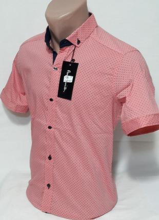 Рубашка мужская с коротким рукавом vk-0010 paul smith розовая приталенная в принт стрейч турция нарядная1 фото