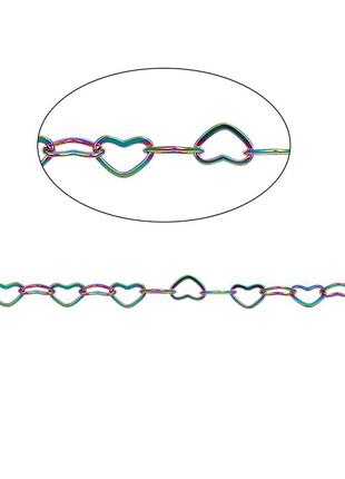 Цепочка на метраж сердца, медь, цвет: разноцветный перелив, 6.4 мм x 4.4 мм