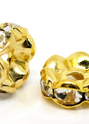 Розділювачі для намистин, рондель, метал, колір: золото, стрази, прозорий, 8 мм х 3.6 мм, 1.6 мм1 фото