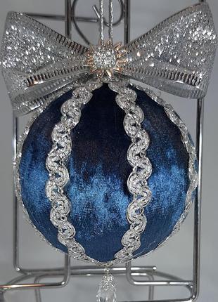 Елочный шар ручной работы 8см синий (индиго) велюр с серебром3 фото