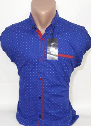 Рубашка мужская borego vd-0021 васильковая приталенная в принт стрейч коттон турция трансформер