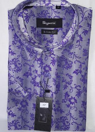 Рубашка мужская vk-0011 sig men фиолетовая приталенная в узор хлопок с коротким с рукавом
