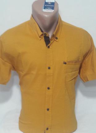 Рубашка мужская с коротким рукавом vk-203-5 vip stendo жёлтая приталенная стрейч-коттон в принт турция