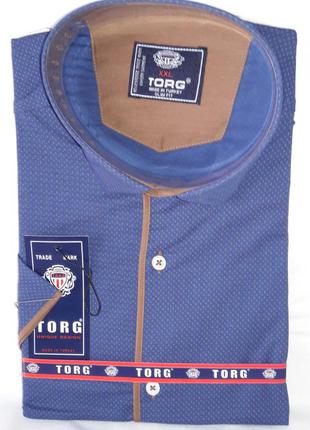 Рубашка мужская с коротким рукавом vk-0002 torg синяя приталенная стрейч-коттон турция