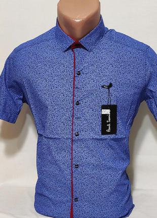 Рубашка мужская с коротким рукавом vk-0066 paul smith синяя в узор приталенная стрейч коттон турция1 фото