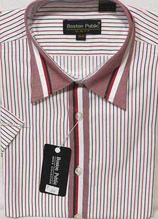 Рубашка мужская boston publik vk-0003 белая в полоску классическая с коротким рукавом