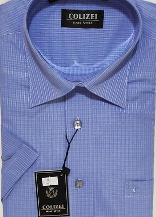Рубашка мужская colizei vk-0003 голубая в клетку классическая с коротким рукавом 39