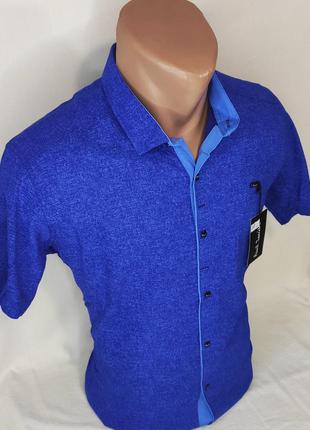 Мужская рубашка с коротким рукавом vk-0088 paul smith синяя в узор приталенная стрейч турция тенниска3 фото