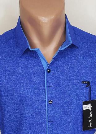 Мужская рубашка с коротким рукавом vk-0088 paul smith синяя в узор приталенная стрейч турция тенниска7 фото