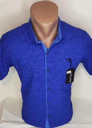 Мужская рубашка с коротким рукавом vk-0088 paul smith синяя в узор приталенная стрейч турция тенниска8 фото