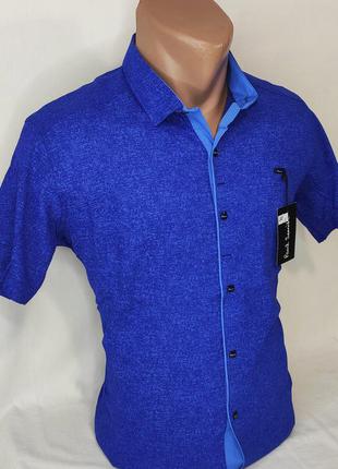 Мужская рубашка с коротким рукавом vk-0088 paul smith синяя в узор приталенная стрейч турция тенниска5 фото