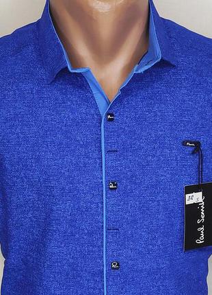 Мужская рубашка с коротким рукавом vk-0088 paul smith синяя в узор приталенная стрейч турция тенниска6 фото