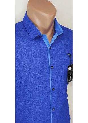 Мужская рубашка с коротким рукавом vk-0088 paul smith синяя в узор приталенная стрейч турция тенниска10 фото