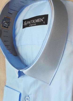 Рубашка мужская pacolmen vd-0019 голубая однотонная классическая с длинным рукавом турция4 фото