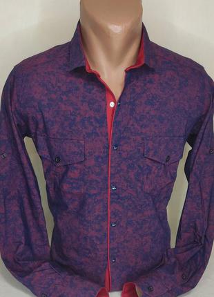 Мужская рубашка синяя приталенная с длинным рукавом paul smith vd-0301, стильная мужская рубашка турция хлопок