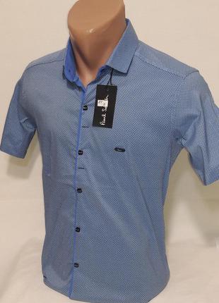 Рубашка мужская с коротким рукавом vk-0021 paul smith голубая приталенная в принт стрейч коттон турция s