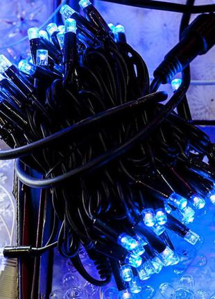 Гирлянда нить уличная синяя 10м 100 led на черном проводе, переходник для соединения с другими гирляндами