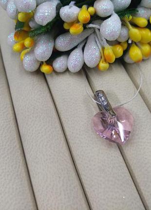 Серебряный нежный кулон подвеска сердце большой розовый фианит 9251 фото