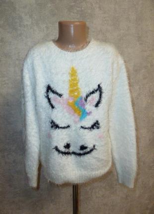 Мохнатый новогодний свитер на 10 лет, джемпер с единорогом, травка