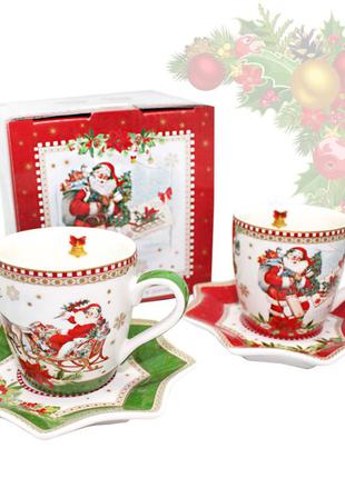 Набір 2 чашки і блюдця з фарфору з новорічним малюнком «christmas time», 100 мл,d-12 см (880-9046)3 фото