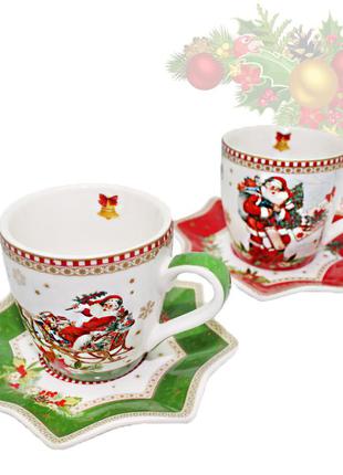 Набір 2 чашки і блюдця з фарфору з новорічним малюнком «christmas time», 100 мл,d-12 см (880-9046)2 фото