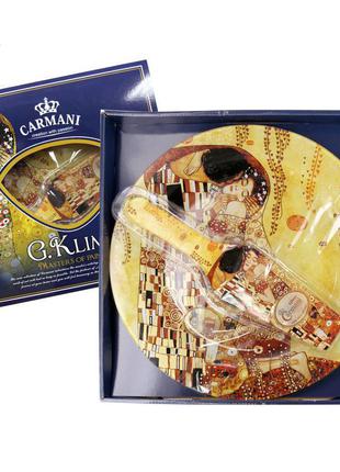 Стеклянная тарелка для торта с лопаткой г.климт «поцелуй» carmani, d-30 см1 фото