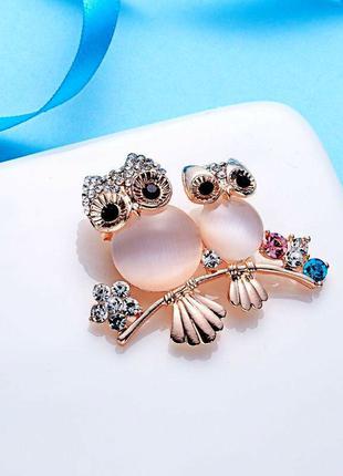 Сентиментальная милая праздничная торжественная нарядная брошка брошь совята с двумя совами на ветке