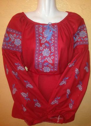 Вышиванка женская , красная,с вышивкой, цветы , "маки с виноградом" домотканная ткань , рукав "бохо"2 фото
