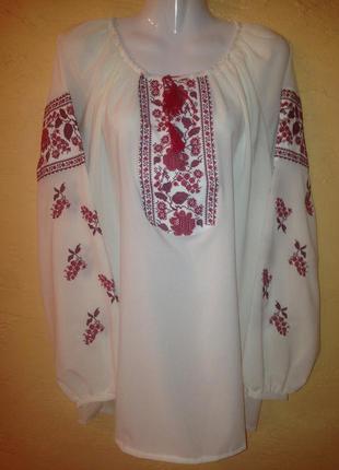 Вишиванка біла , жіноча , вишиванка, квіти , "маки з виноградом" колір вишивки-червоний матеріал-шифон