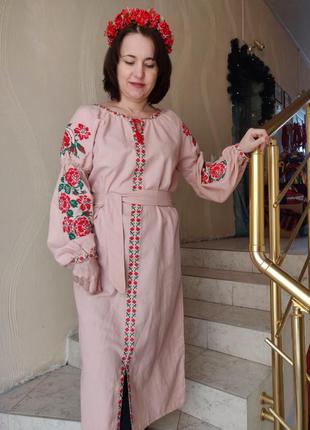 Платье женское ,длинное , розовое с вышивкой , домотканная ткань3 фото