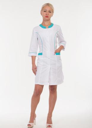 Батистовый женский медицинский халат с карманами, белый + бирюзовый 40-60