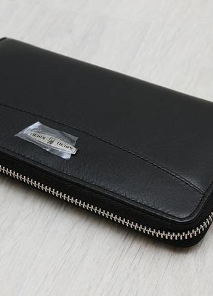 Кошелек на молнии кожаный чёрный 9026, натуральная кожа