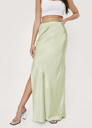 👗офигенная нежно салатовая сатиновая юбка макси/длинная яблочная юбка с разрезом сатин👗4 фото