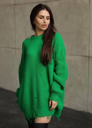 Трендовый рваный свитер-туника оверсайз зелёный | турция 🇹🇷
