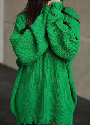 Трендовый рваный свитер-туника оверсайз зелёный | турция 🇹🇷2 фото