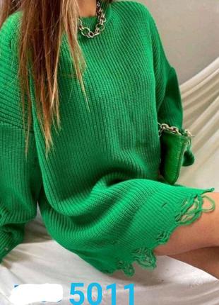 Трендовый рваный свитер-туника оверсайз зелёный | турция 🇹🇷6 фото