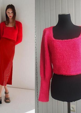 Светр укорочений хутряний пухнастий червоного кольору zara, 175/96 cm